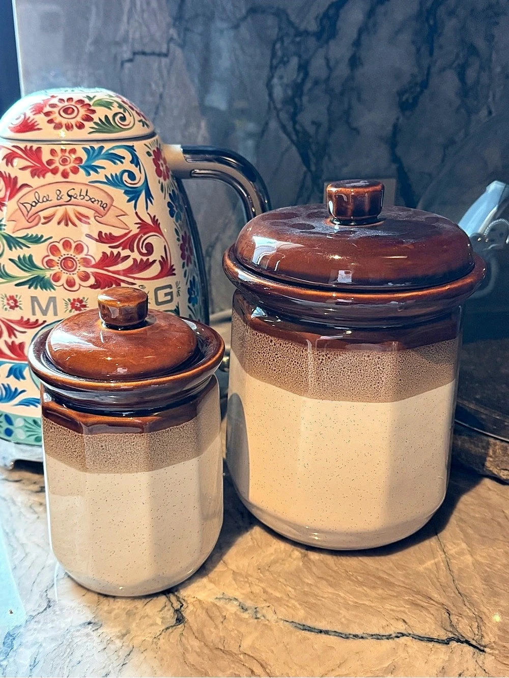 Vintage Two-Piece Stoneware Canister Set | Brown & Cream Glaze | European